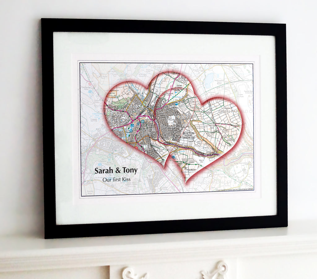 Framed Map - Personalised Love Hearts Map Framed Print- Love Maps On...