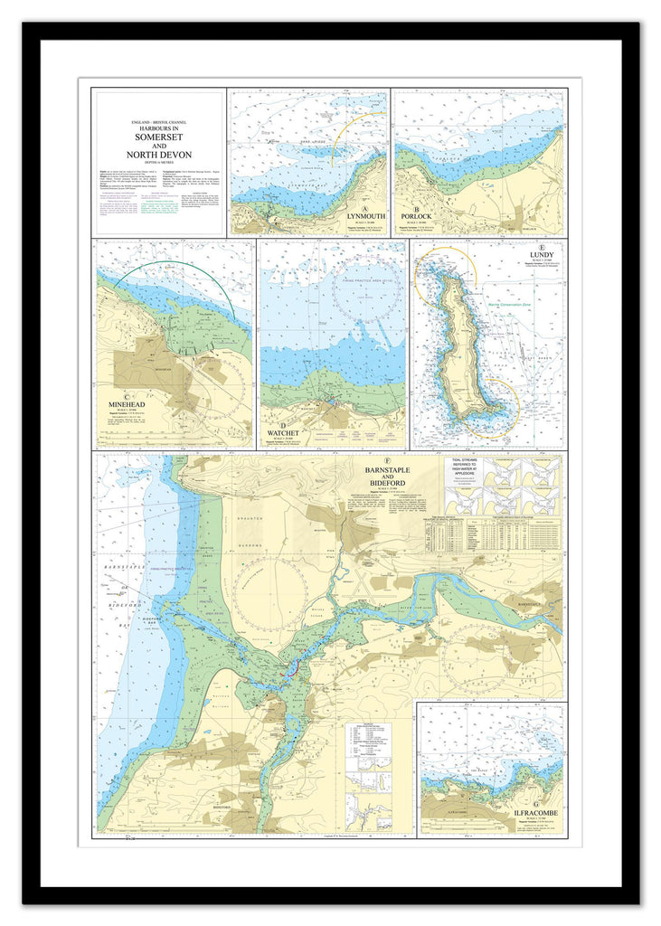 Framed Nautical Chart - Admiralty Chart 1160 - Harbours in Somerset and North Devon