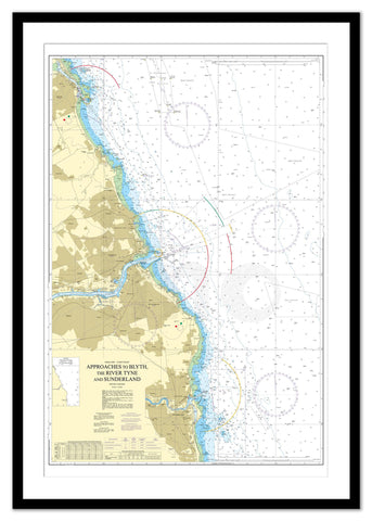 Framed Nautical Chart - Admiralty Chart 1935 - Approaches to Blyth, the River Tyne and Sunderland