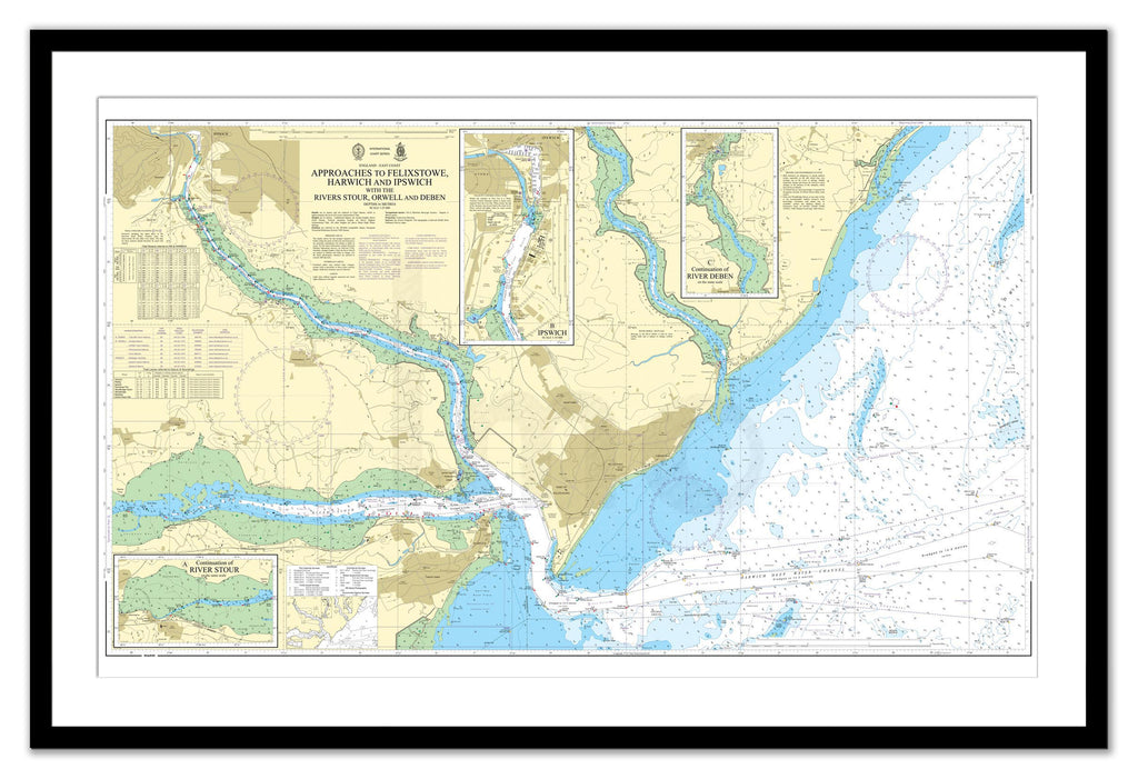 Nautical Chart 2693 - Approaches to Felixstowe, Harwich and Ipswich with the Rivers Stour, Orwell and Deben black framed print