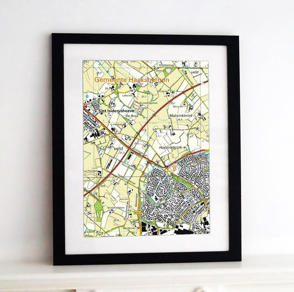 Framed Map - Netherlands 1:25,000 - postcode centred from Love Maps On...