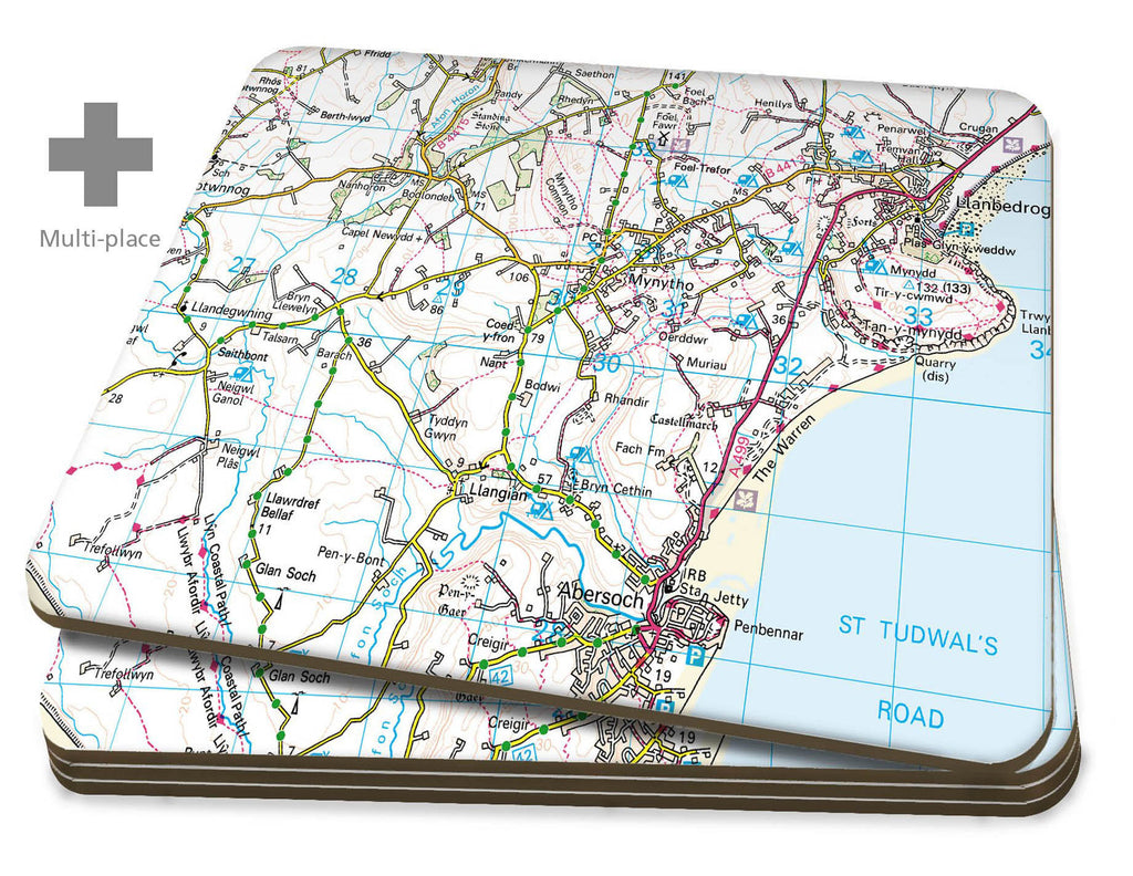 Map Coasters - 4 Multi Place Personalised Ordnance Survey Landranger Map