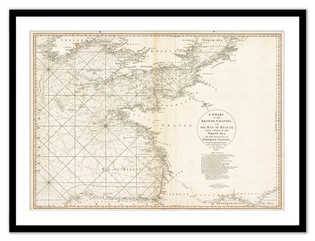 Framed Vintage Nautical Chart - The British Channel and The Bay of Biscay
