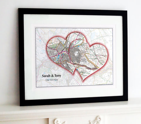 Framed Map - Personalised Love Hearts Map