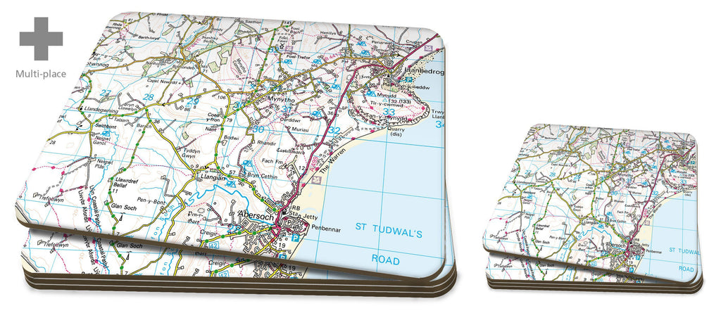 Multi Place Map Placemat and Coaster Set - Personalised Ordnance Survey Landranger Map