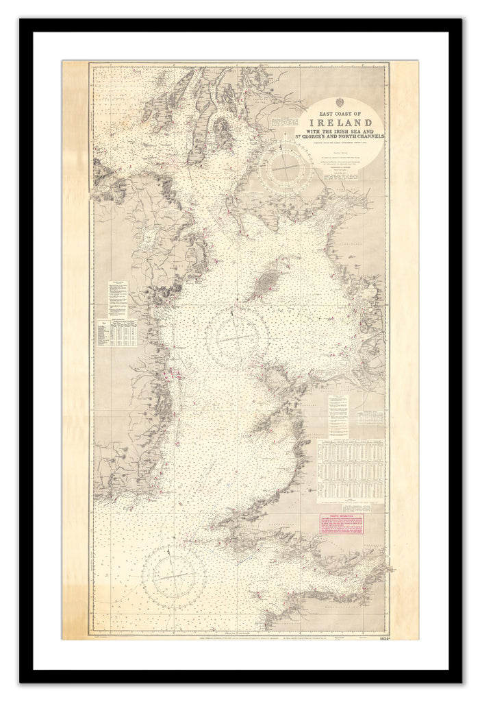 Framed Vintage Nautical Chart - Admiralty Chart 1824a - East Coast of Ireland